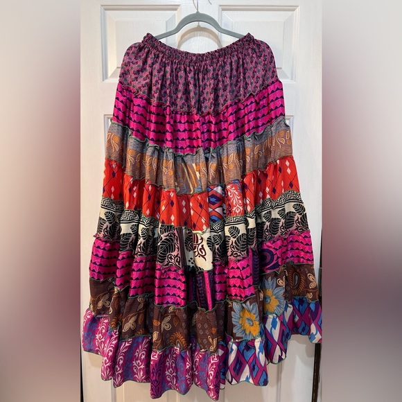 Colorful Patchwork Gypsy Full Maxi Skirt S Multi Fabric Silk Peasant Boho Hippie - Picture 2 of 8